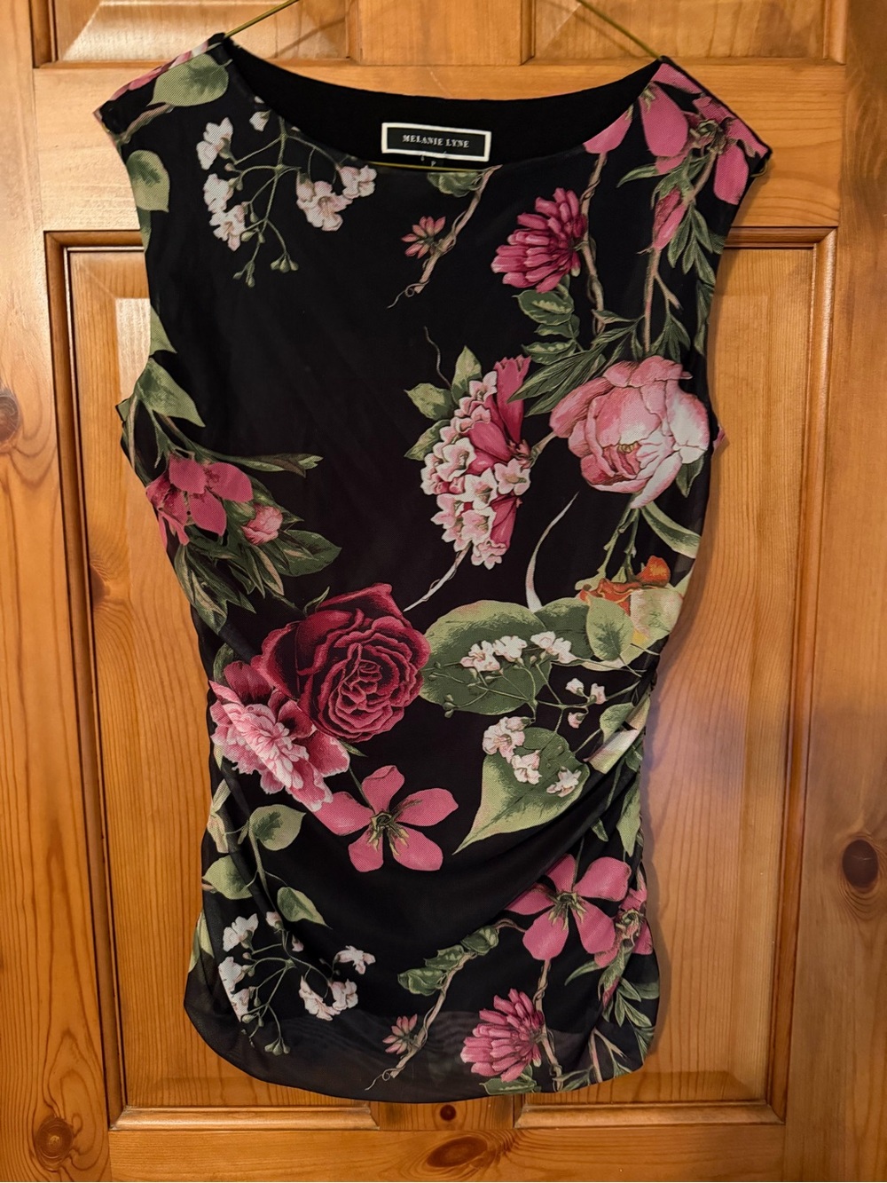 Melanie Lyne Black Floral Sleeveless Top - Pink & Green Blooms
